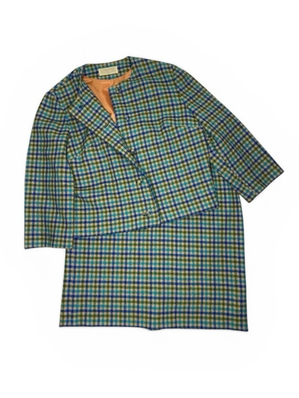 60’s Pendleton Wool Plaid 2Pc Coat Skirt Set Green, Blue, Beige Sz14 EUC